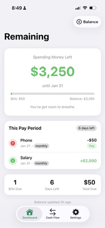 The Dashboard showing spending money left