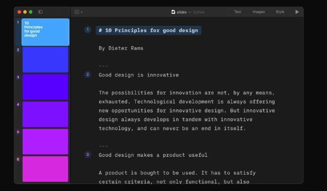 iA Presenter, a Markdown presentation editor.