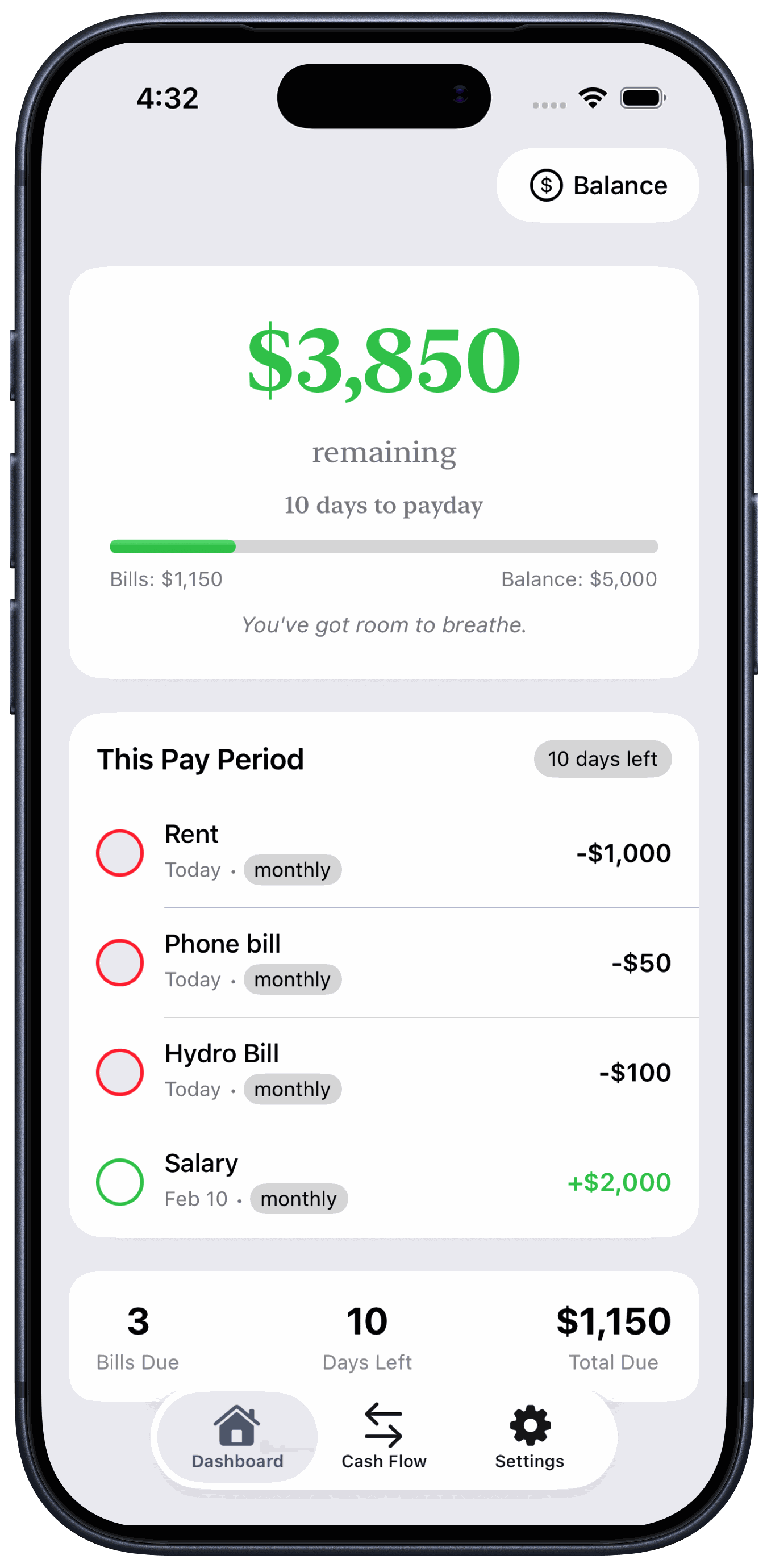 Remaining dashboard showing balance and upcoming bills