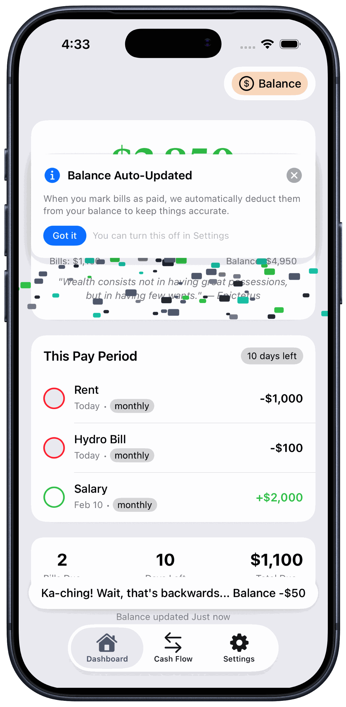 Remaining showing a balance update after bill payment