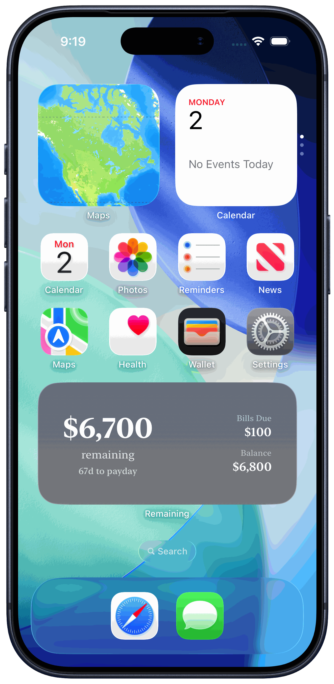 Remaining widget showing spending money at a glance